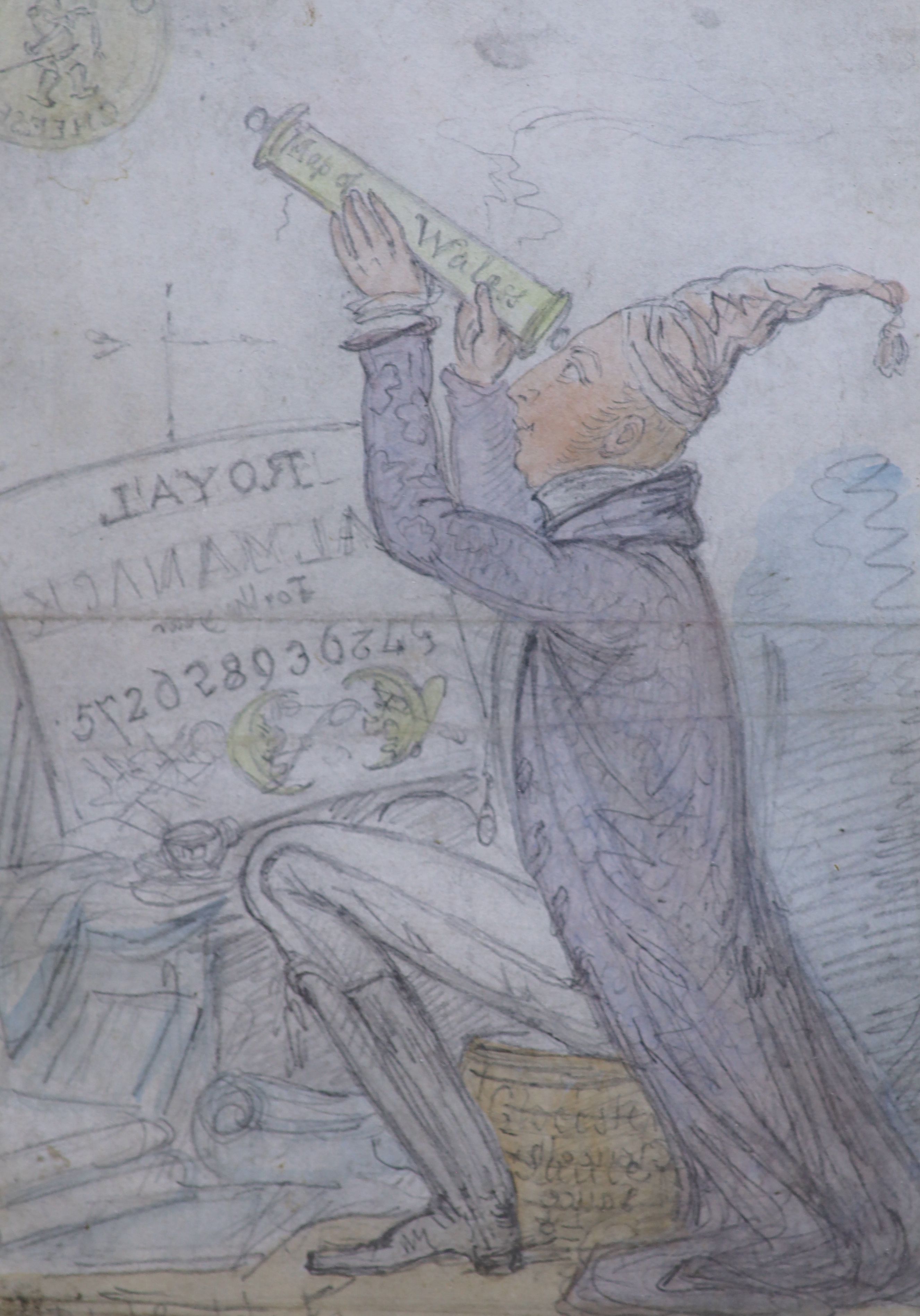 Isaac Robert Cruikshank (1789-1856), pencil and watercolour, 'George III looking at the moon' 15 x 10.5cm, signed in pencil